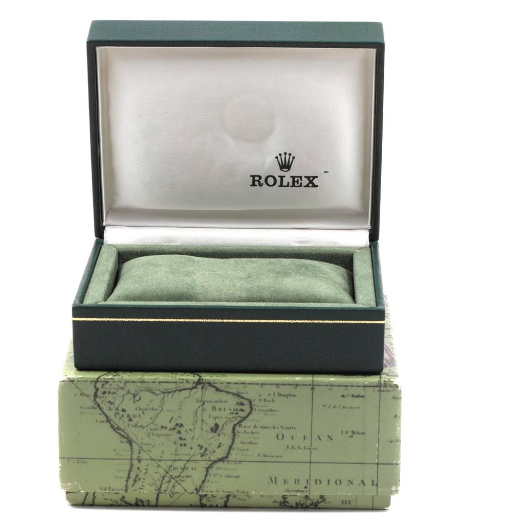 This image shows an open green Rolex watch box for the Mid-Size model, without the watch inside.