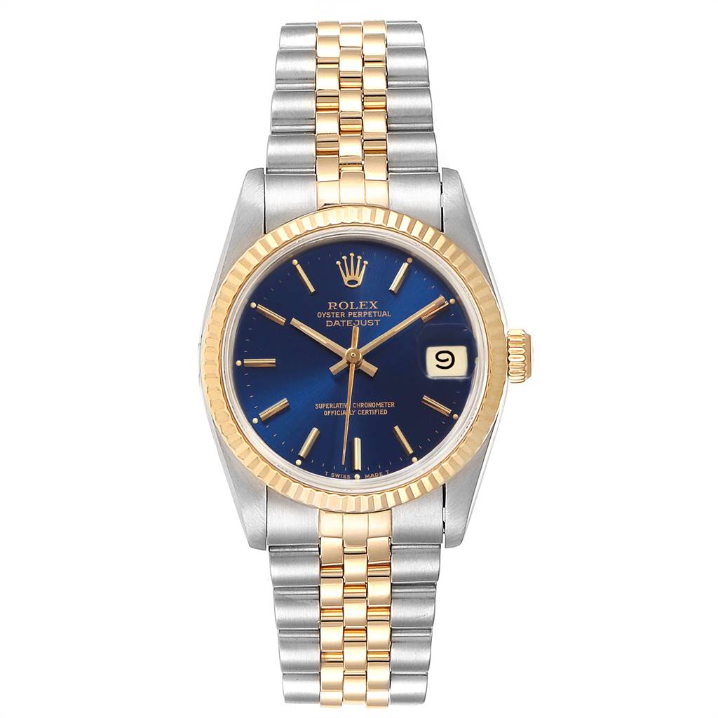 This image shows a front view of a Rolex Mid-Size 68273 Women's Steel and Gold (two tone) Blue Dial 68273 Women's Steel and Gold (two tone) Blue Dial Datejust watch with a blue dial, gold bezel, and two-tone bracelet.