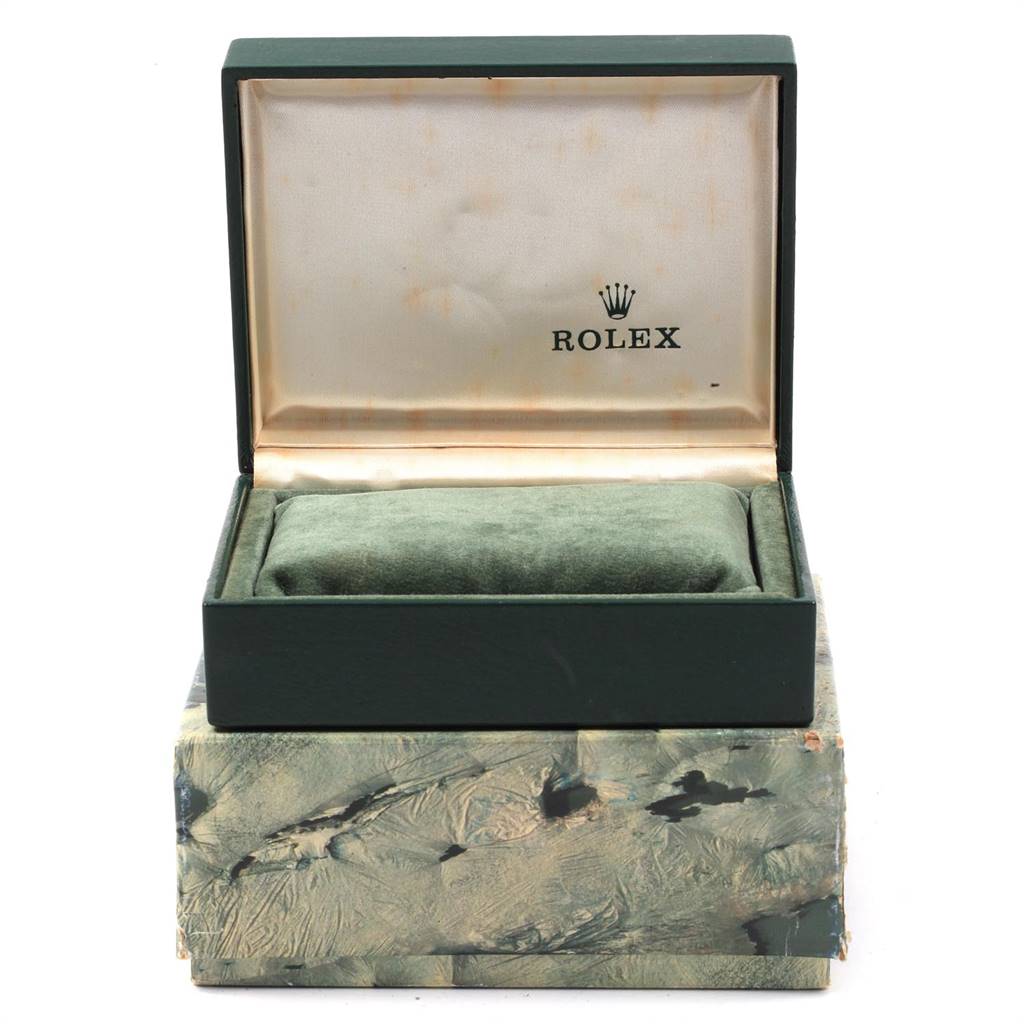 The image shows an empty Rolex watch box for the Mid-Size model, viewed from the front with the lid open.