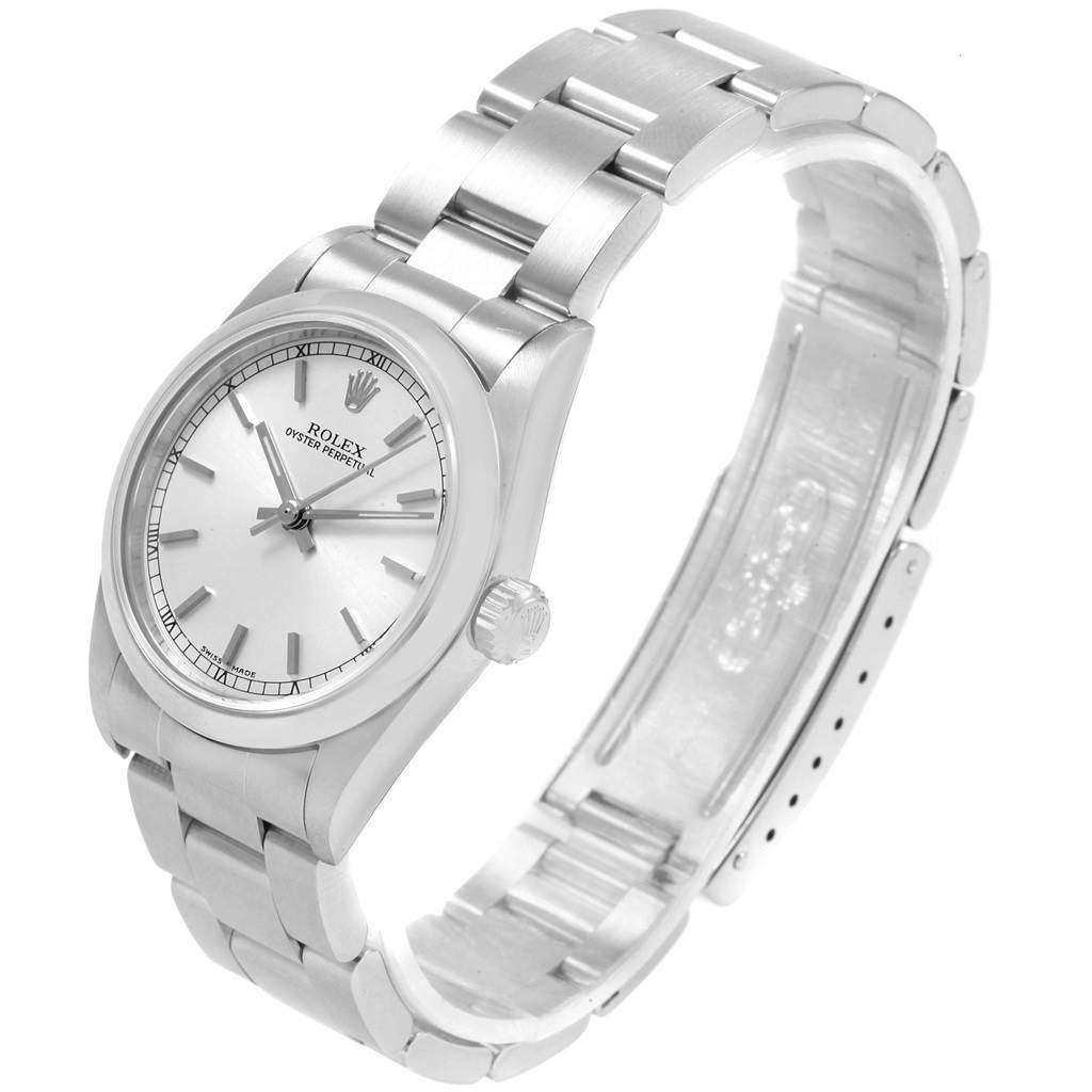 This image displays a Rolex Mid-Size 77080 Women's Stainless Steel Silver Dial 77080 Women's Stainless Steel Silver Dial Oyster Perpetual model, showcasing the watch face, crown, and bracelet from a three-quarter angle.
