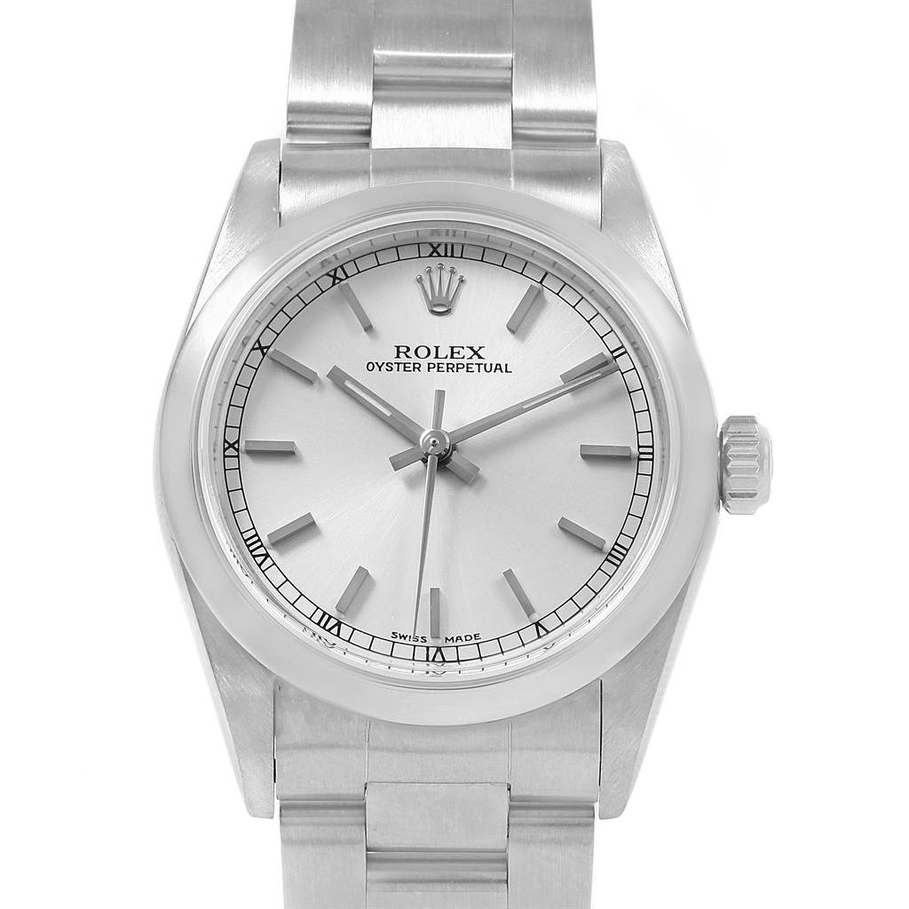 The image shows a frontal view of a Rolex Mid-Size 77080 Women's Stainless Steel Silver Dial 77080 Women's Stainless Steel Silver Dial Oyster Perpetual watch, showcasing the dial, hands, and bracelet.