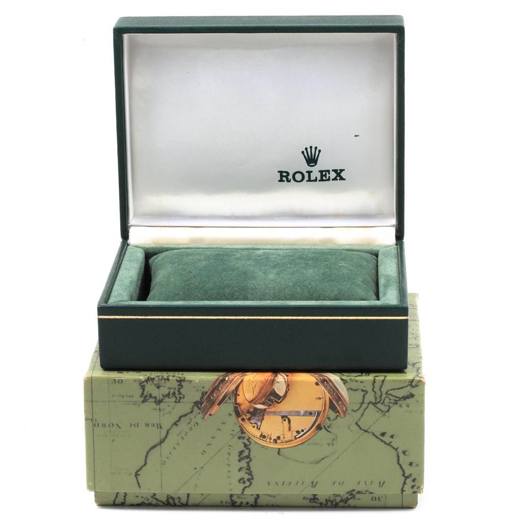 The image shows an open Rolex watch box for a Mid-Size model, highlighting the interior cushion and the embossed logo inside the lid.