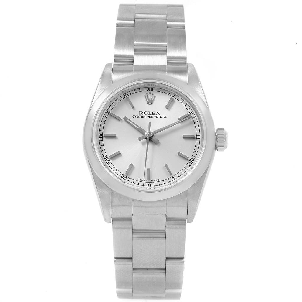 This is a front view of a Rolex Oyster Perpetual Mid-Size watch, showing the face, case, bezel, crown, and full bracelet.