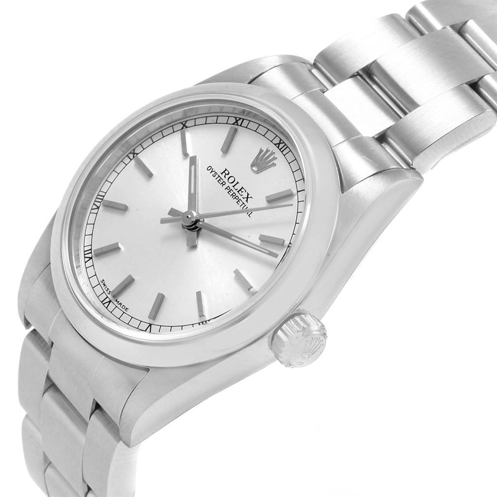 The Rolex Mid-Size 77080 Women's Stainless Steel Silver Dial 77080 Women's Stainless Steel Silver Dial watch is shown at an angled side view, displaying the dial, crown, and part of the bracelet.