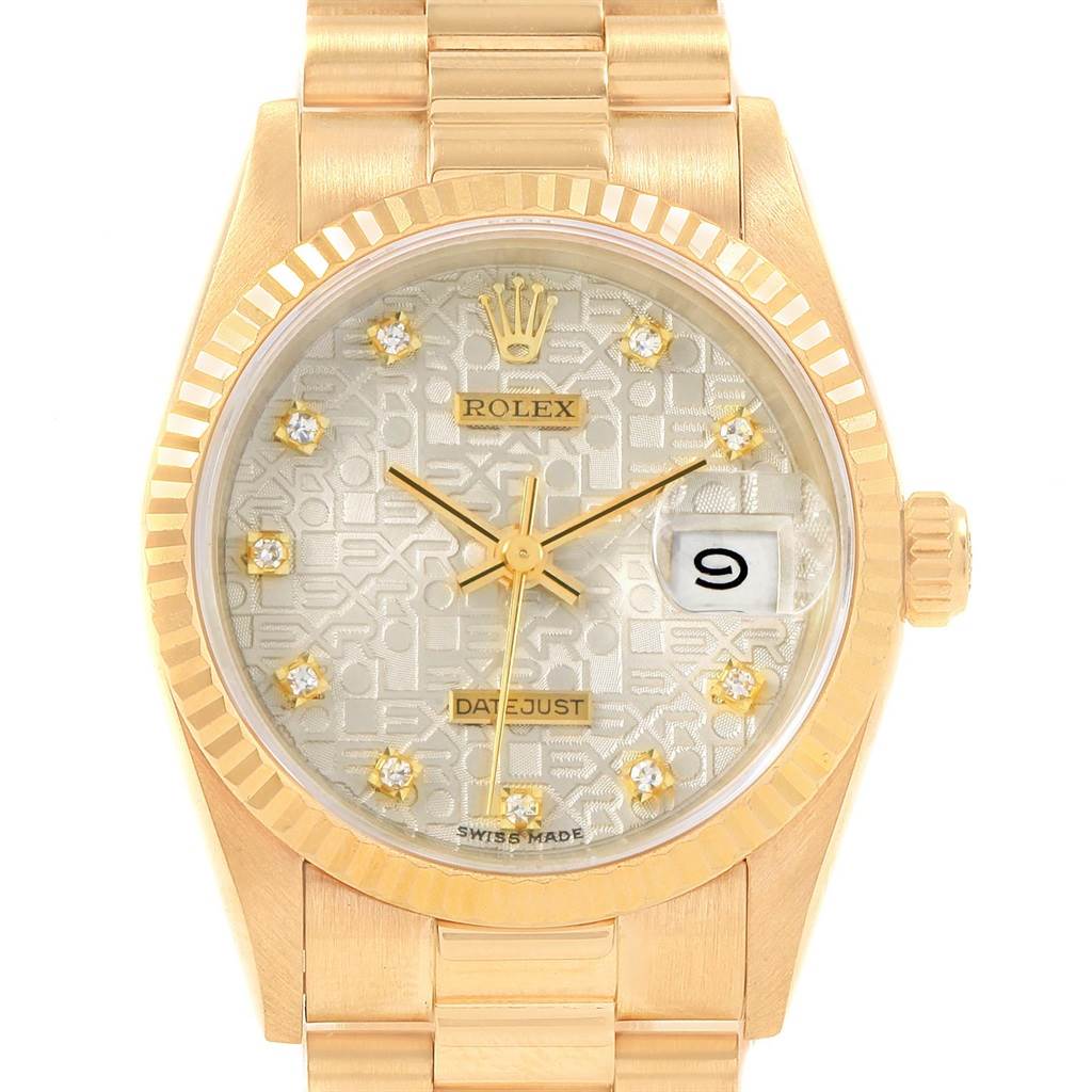 The image shows a front view of a Mid-Size Rolex Datejust watch with a gold dial and gold bracelet.