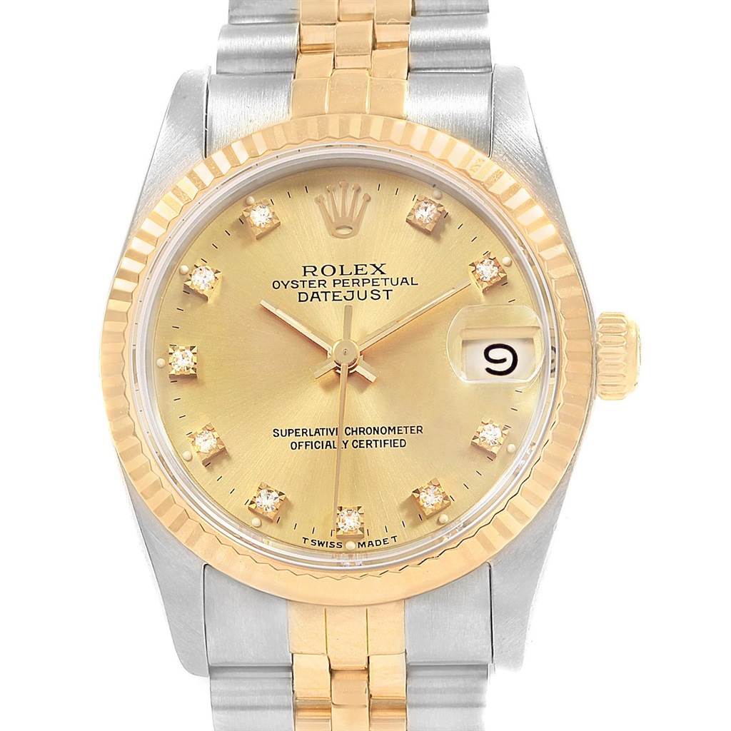 The image shows a front view of a Rolex Mid-Size 68273 Women's Steel and Gold (two tone) Champagne Dial 68273 Women's Steel and Gold (two tone) Champagne Dial Oyster Perpetual Datejust watch, highlighting the dial, bezel, and bracelet.