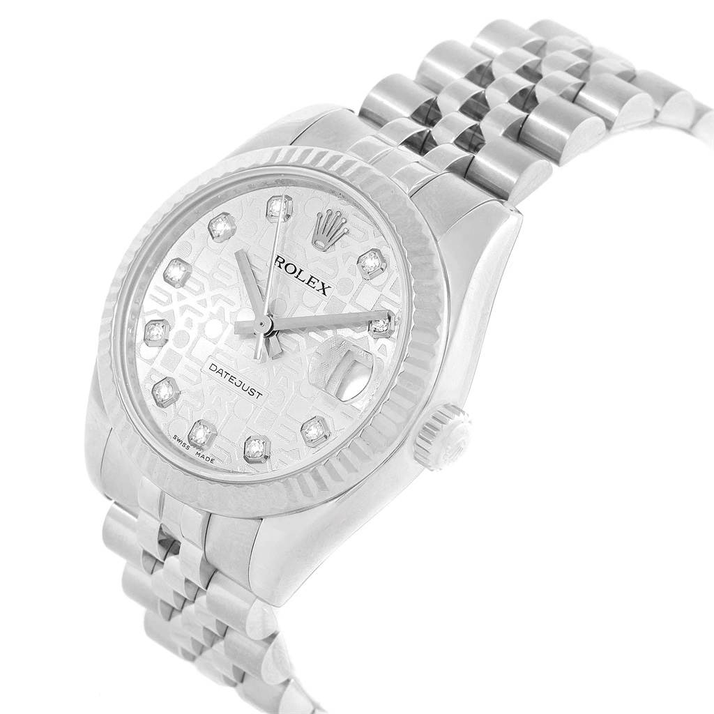The image shows a Rolex Mid-Size 178274 Women's Stainless Steel Silver Dial 178274 Women's Stainless Steel Silver Dial Datejust watch from a front angle, displaying the dial, bezel, and bracelet.