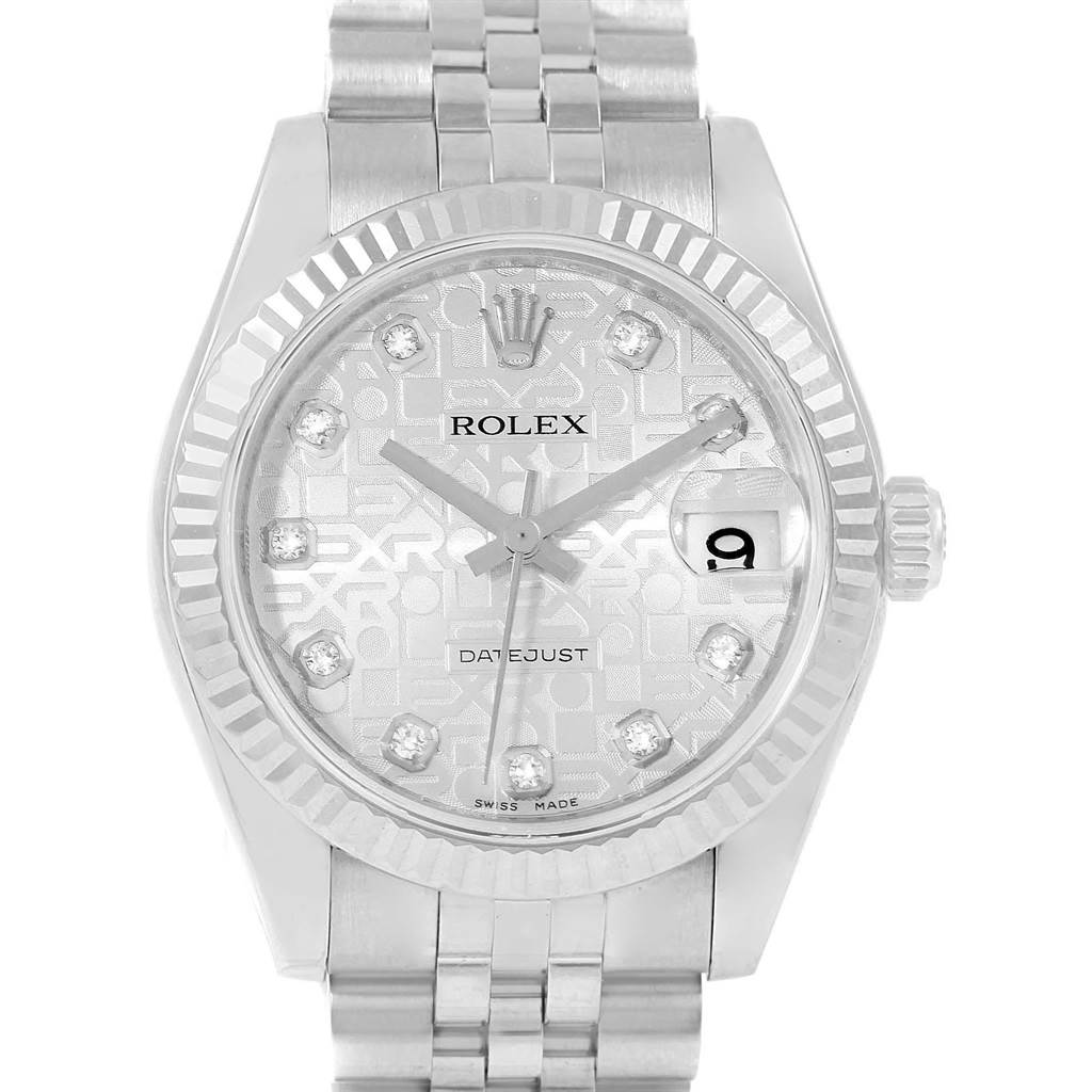 The image shows a Rolex Mid-Size 178274 Women's Stainless Steel Silver Dial 178274 Women's Stainless Steel Silver Dial Datejust watch featuring the dial, bezel, crown, and part of the bracelet from a front angle.