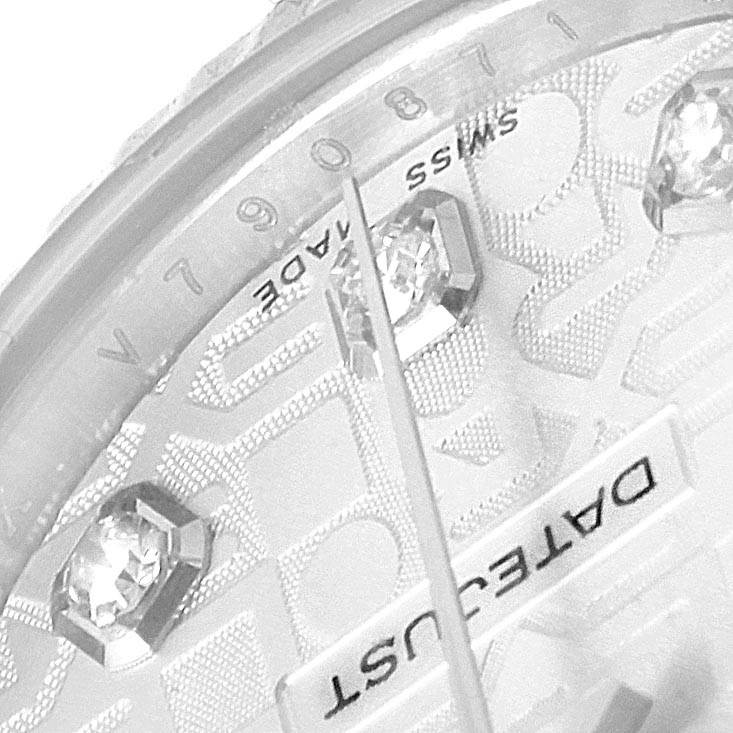 The image shows a close-up view of the Rolex Mid-Size 178274 Women's Stainless Steel Silver Dial 178274 Women's Stainless Steel Silver Dial Datejust watch dial, highlighting the diamond markers and "SWISS MADE" text.