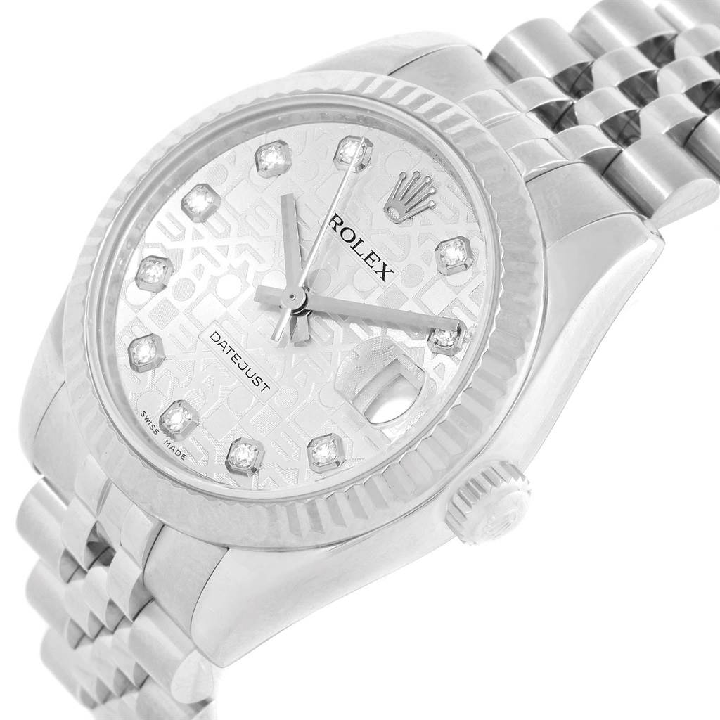 The image shows a Rolex Mid-Size 178274 Women's Stainless Steel Silver Dial 178274 Women's Stainless Steel Silver Dial Datejust watch, captured from an angle displaying the dial, case, bezel, crown, and bracelet.