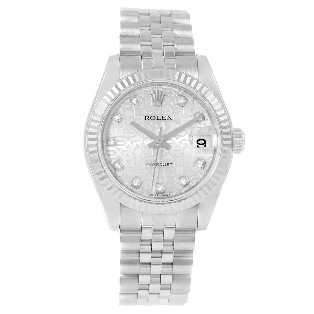 The image shows a front view of a Rolex Mid-Size 178274 Women's Stainless Steel Silver Dial 178274 Women's Stainless Steel Silver Dial Datejust watch, highlighting the dial, bezel, bracelet, and crown.