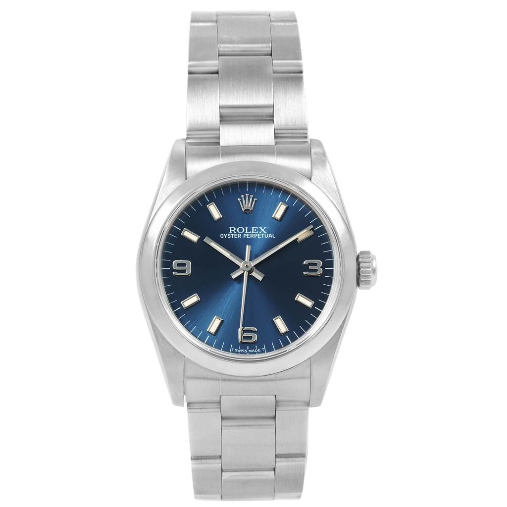 The image shows a front view of the Mid-Size Rolex Oyster Perpetual watch, highlighting the dial, bezel, and bracelet.