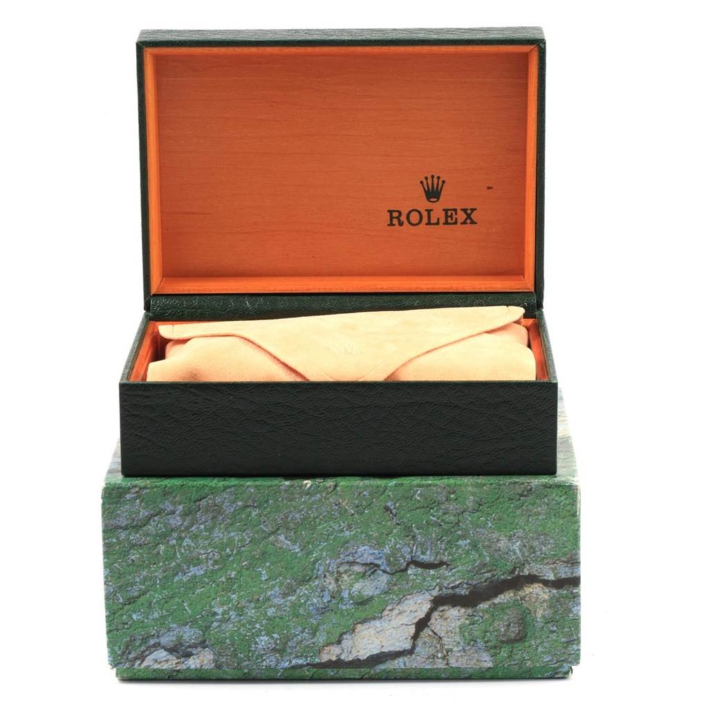 The image shows a Mid-Size Rolex watch's packaging, showcasing the watch box and a protective cloth, viewed from the front.