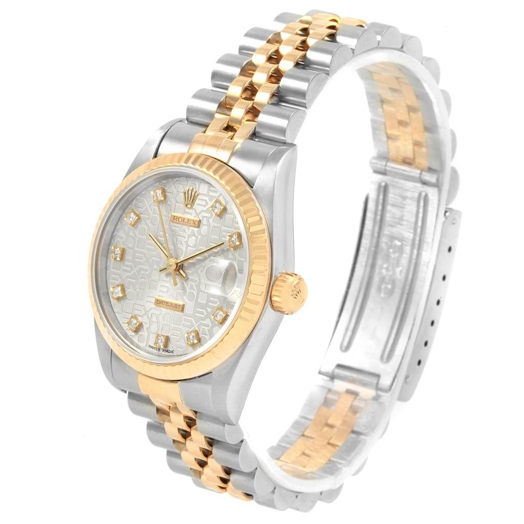 This image shows a Rolex Mid-Size 68273 Women's Steel and Gold (two tone) Silver Dial 68273 Women's Steel and Gold (two tone) Silver Dial watch at a slight angle, displaying the face, dial, bezel, and a portion of the bracelet.