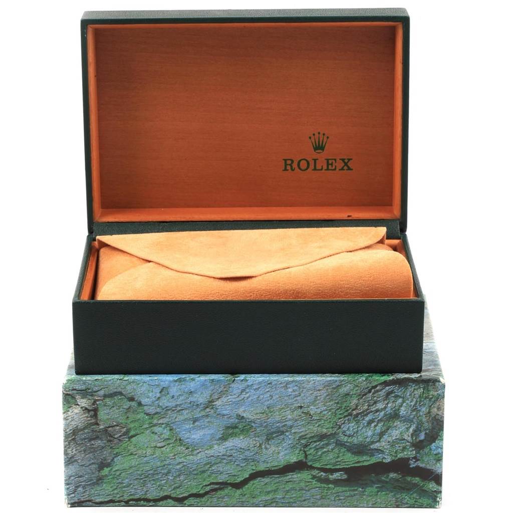 The image shows an open Rolex watch box with an interior suede pouch for the Rolex Mid-Size 68273 Women's Steel and Gold (two tone) Silver Dial 68273 Women's Steel and Gold (two tone) Silver Dial model watch.