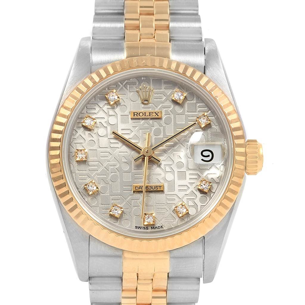 This is a frontal view of the Rolex Mid-Size 68273 Women's Steel and Gold (two tone) Silver Dial 68273 Women's Steel and Gold (two tone) Silver Dial Datejust watch, showing the dial, hands, bezel, and bracelet.