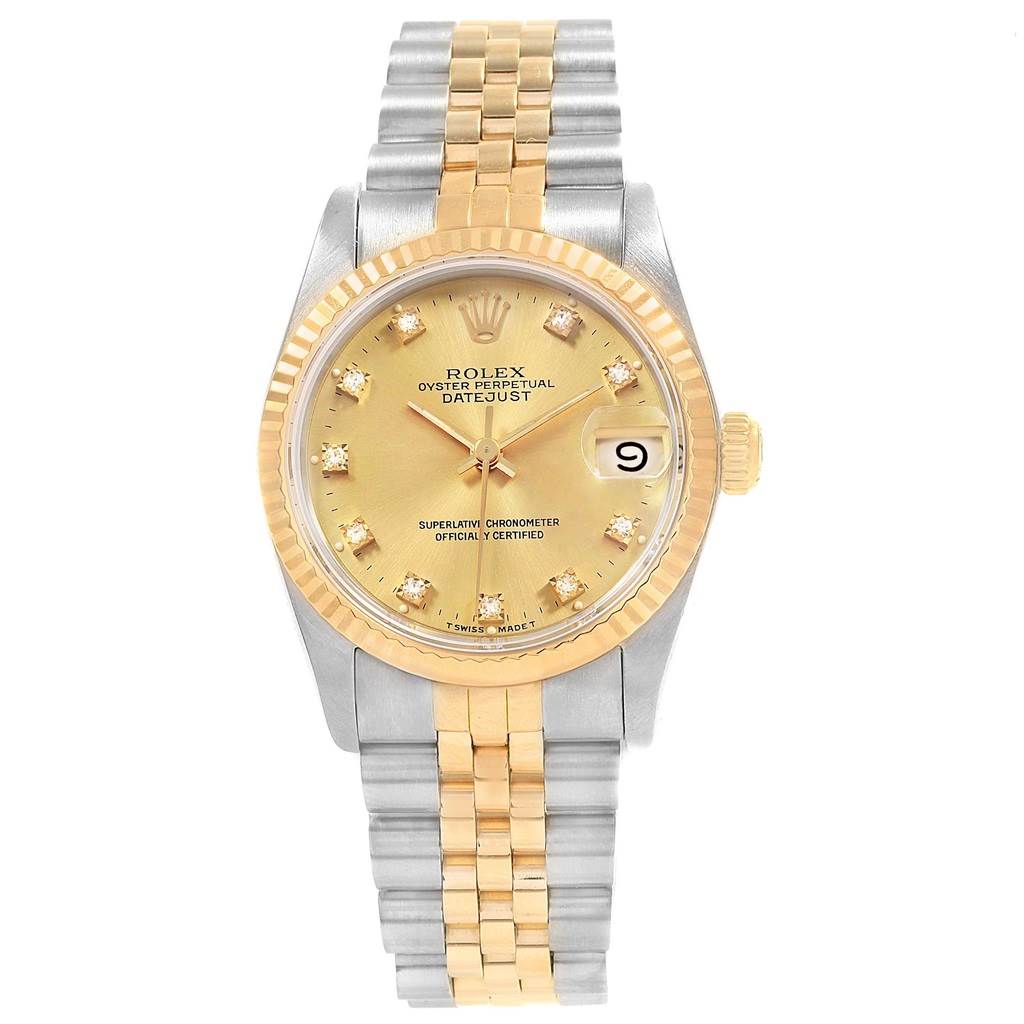 The Rolex Mid-Size 68273 Women's Steel and Gold (two tone) Champagne Dial 68273 Women's Steel and Gold (two tone) Champagne Dial Oyster Perpetual Datejust watch is shown from a front angle, displaying its dial, bezel, and two-tone bracelet.