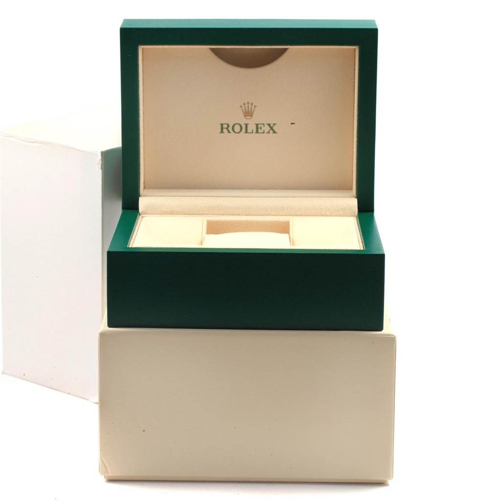 The image shows an open Rolex Mid-Size 177200 Women's Stainless Steel Black Dial 177200 Women's Stainless Steel Black Dial model watch box with a beige interior and the Rolex logo.