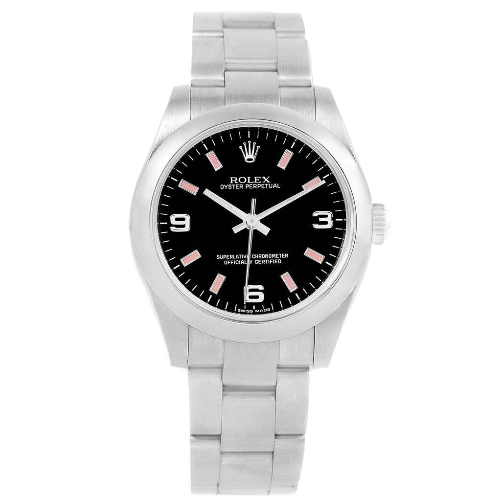 This image shows a front view of a Rolex Oyster Perpetual Mid-Size watch, highlighting the dial and bracelet.