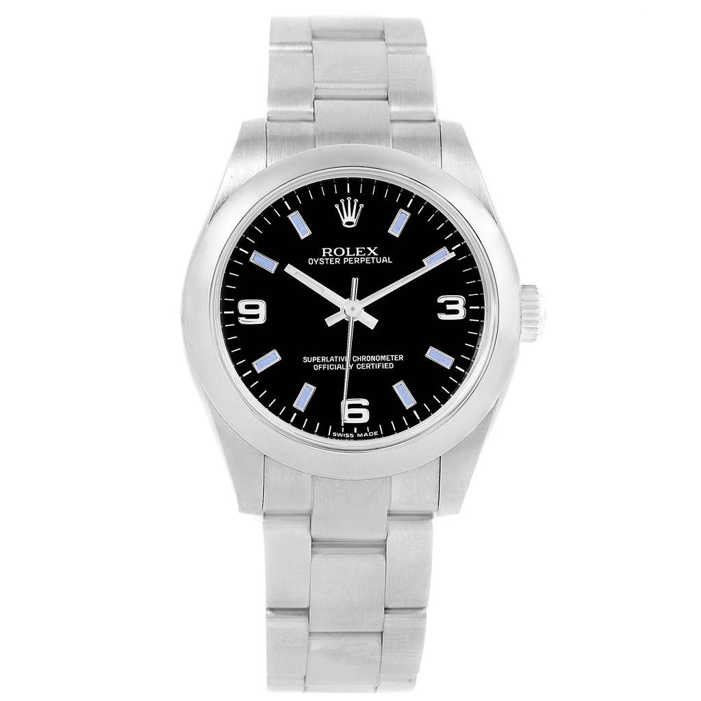 This image shows a front view of a Rolex Oyster Perpetual Mid-Size watch, highlighting its black dial and stainless steel bracelet.