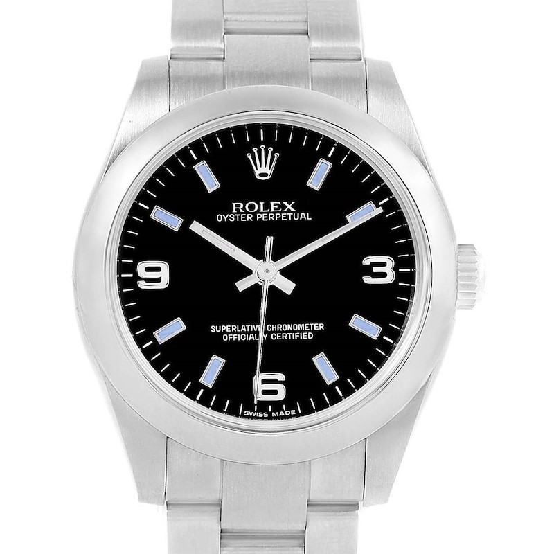 Rolex Midsize Black Dial Blue Hour Markers Ladies Watch 177200 SwissWatchExpo