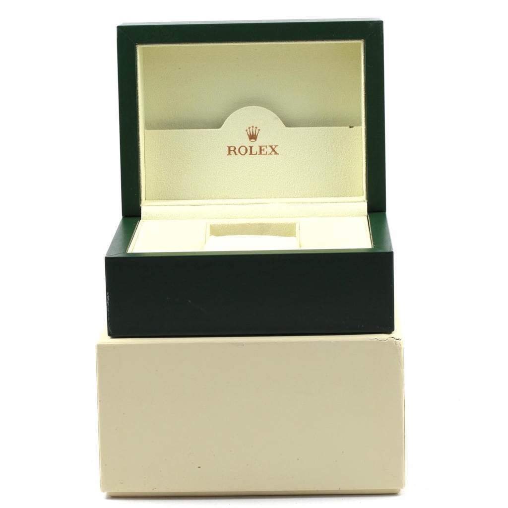 This image shows an open Rolex box for a Mid-Size model, with the inside cushion and the Rolex logo visible.