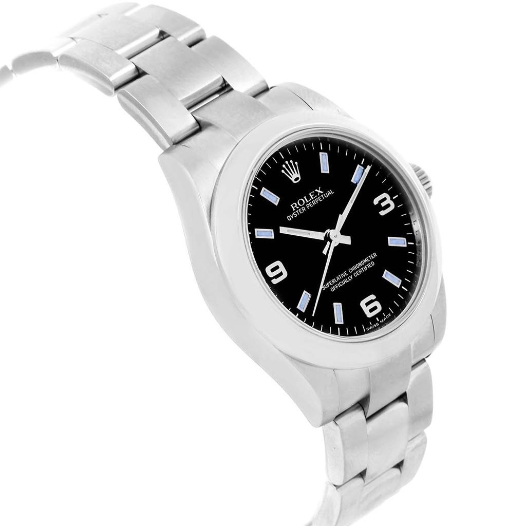 This image shows a side view of the Rolex Mid-Size 177200 Women's Stainless Steel Black Dial 177200 Women's Stainless Steel Black Dial model, highlighting its bracelet, case, and dial.