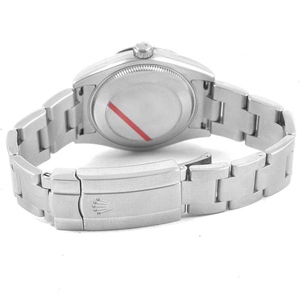 The image shows the back view of a Rolex Mid-Size 177200 Women's Stainless Steel Silver Dial 177200 Women's Stainless Steel Silver Dial watch, focusing on the case back and bracelet with a clasp.