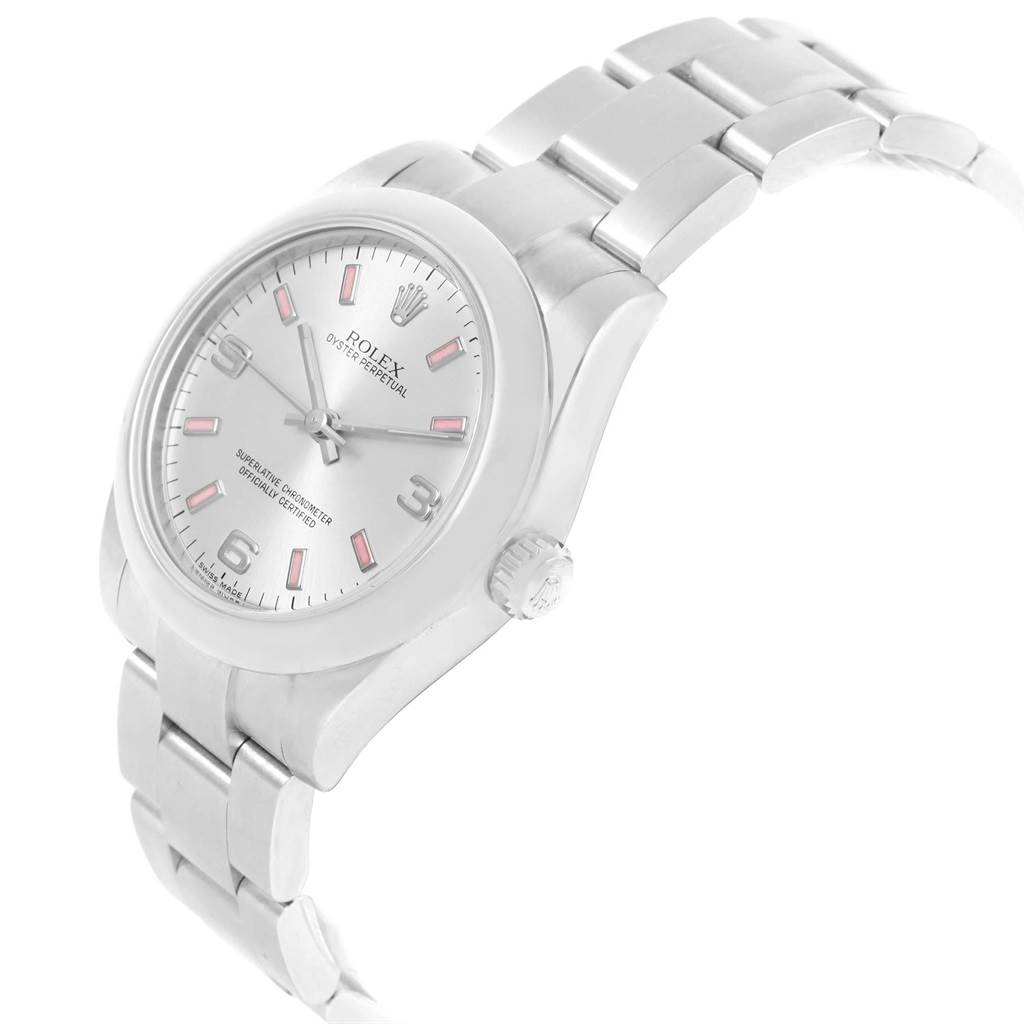 The Rolex Mid-Size 177200 Women's Stainless Steel Silver Dial 177200 Women's Stainless Steel Silver Dial model watch is shown at a slightly angled side view, highlighting the dial, case, crown, and bracelet.