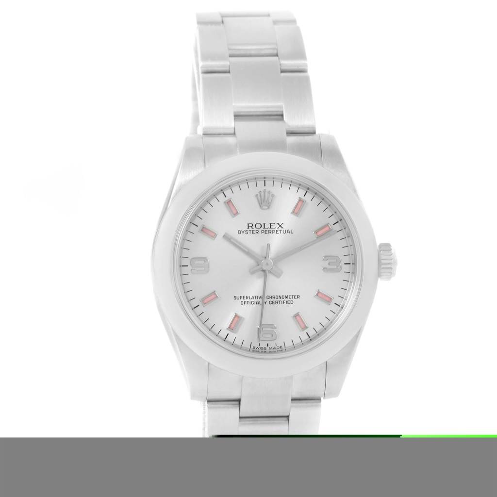 The image shows a front view of a Rolex Oyster Perpetual Mid-Size watch, displaying the dial, bracelet, and crown.
