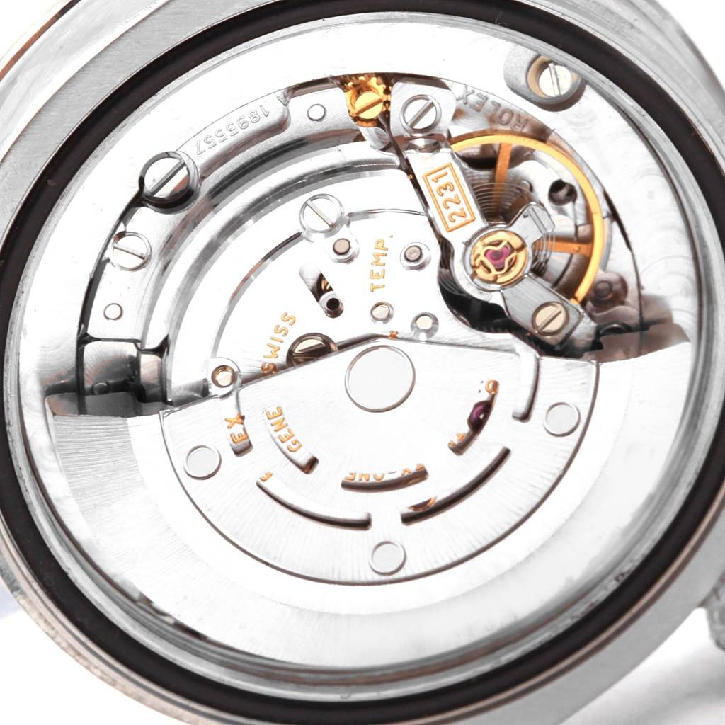 The image shows the inner mechanical movement of a Rolex Mid-Size 177210 Women's Stainless Steel Silver Dial 177210 Women's Stainless Steel Silver Dial watch from a close-up angle.