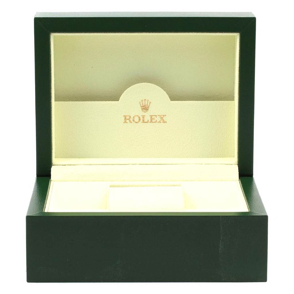 This image shows an open, empty Rolex watch box designed for a Mid-Size model, featuring a green exterior and beige interior.