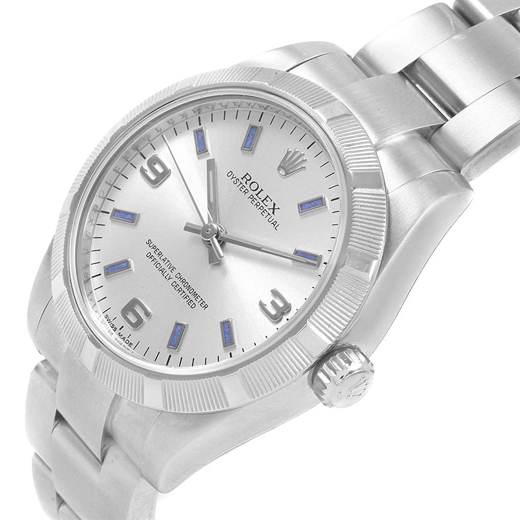 The image shows a Rolex Mid-Size 177210 Women's Stainless Steel Silver Dial 177210 Women's Stainless Steel Silver Dial model watch at an angled view, highlighting the dial, bezel, crown, and part of the bracelet.