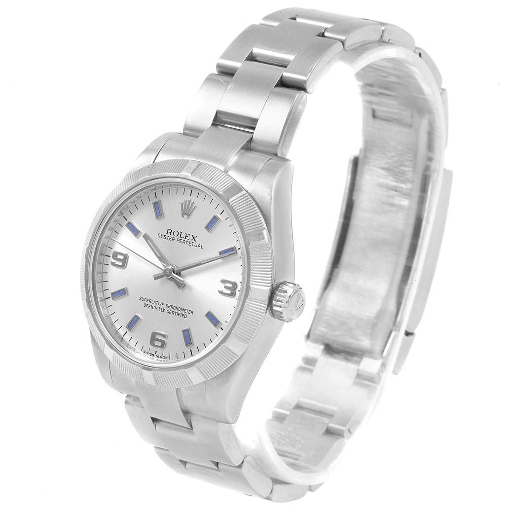 The Rolex Mid-Size 177210 Women's Stainless Steel Silver Dial 177210 Women's Stainless Steel Silver Dial watch is shown at a three-quarter angle, highlighting its face, bezel, and part of the bracelet.