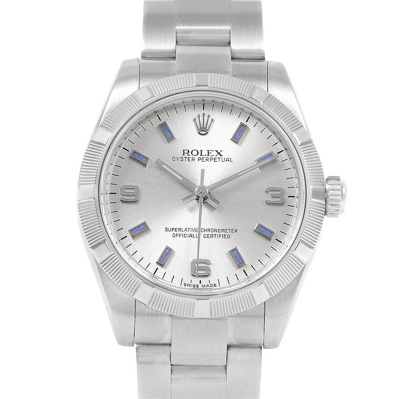 Rolex Midsize 31 Silver Dial Blue Hour Markers Steel Ladies Watch 177210 SwissWatchExpo
