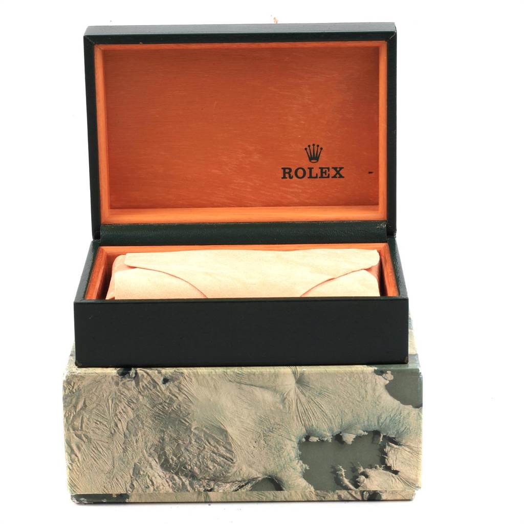 The image shows a Rolex watch box for a Mid-Size model, with the watch inside the cloth within the open box.