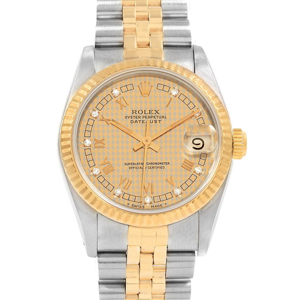 This image shows a front view of the Rolex Mid-Size 68273 Women's Steel and Gold (two tone) Champagne Dial 68273 Women's Steel and Gold (two tone) Champagne Dial Datejust watch, highlighting the face, bezel, and bracelet.