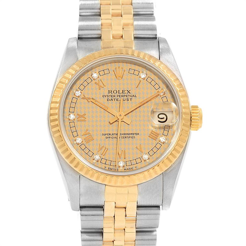 Rolex Datejust Midsize Steel Yellow Gold Houndstooth Ladies Watch 68273 SwissWatchExpo