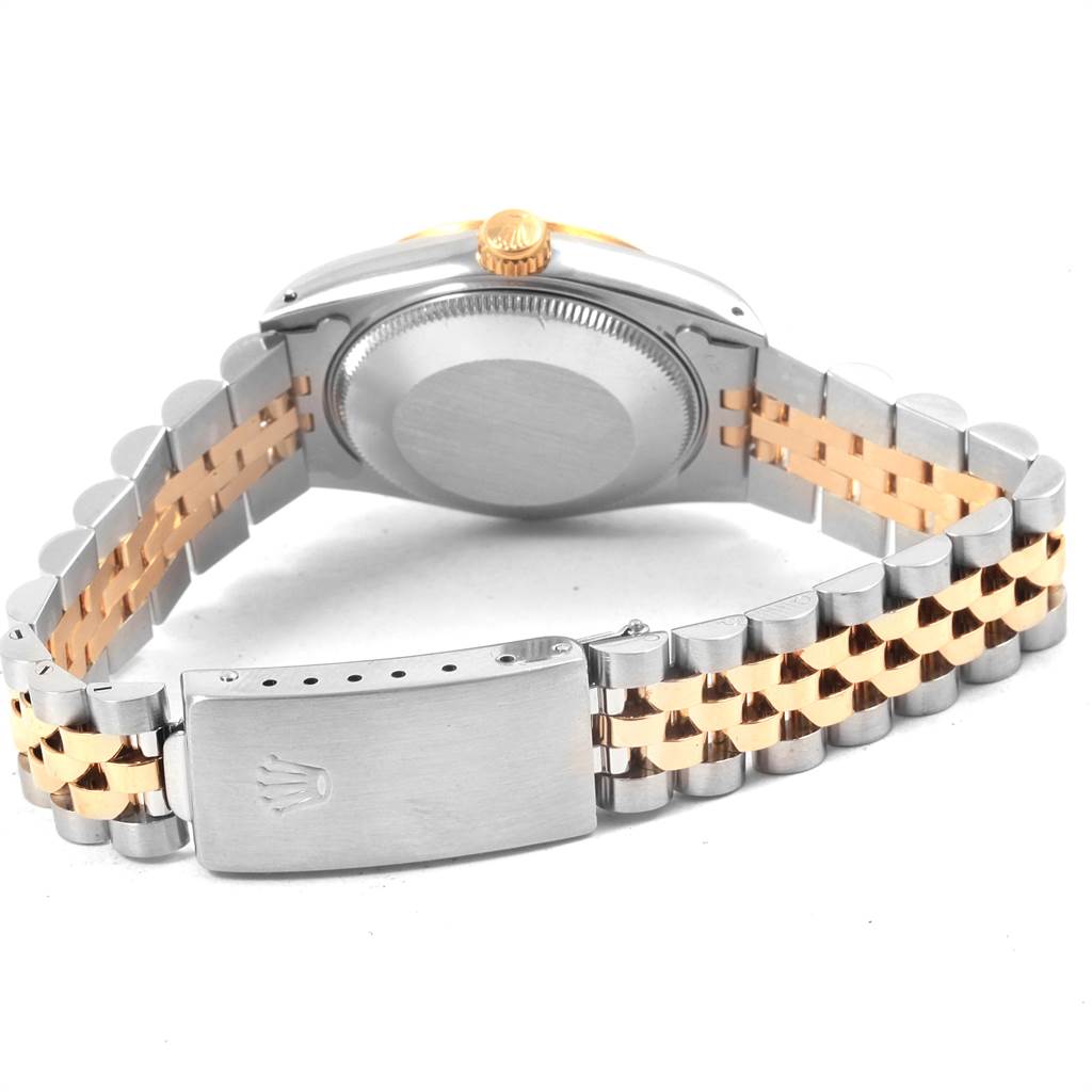 This image shows the back of a Rolex Mid-Size 68273 Women's Steel and Gold (two tone) Champagne Dial 68273 Women's Steel and Gold (two tone) Champagne Dial watch, highlighting the bracelet, clasp, and case back from an angled rear view.