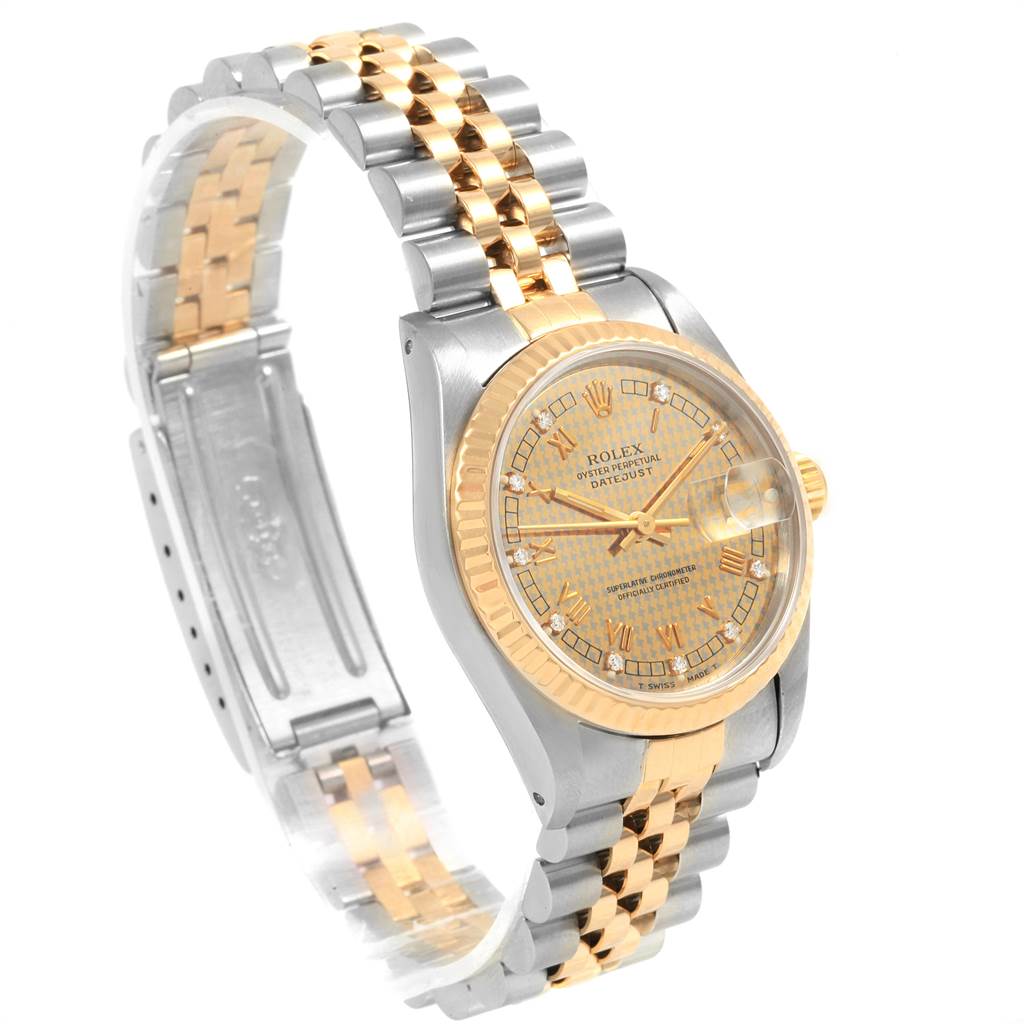 The Rolex Mid-Size 68273 Women's Steel and Gold (two tone) Champagne Dial 68273 Women's Steel and Gold (two tone) Champagne Dial watch is shown at a slight angle, displaying the face, bezel, crown, and part of the jubilee bracelet.
