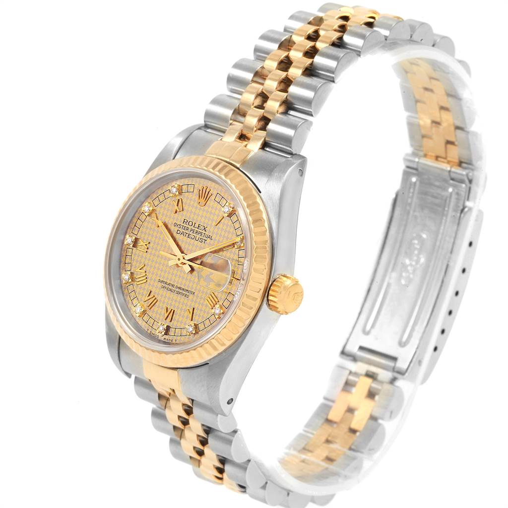 The Rolex Mid-Size 68273 Women's Steel and Gold (two tone) Champagne Dial 68273 Women's Steel and Gold (two tone) Champagne Dial watch is shown at an angle highlighting its dial, bezel, crown, and two-tone bracelet.