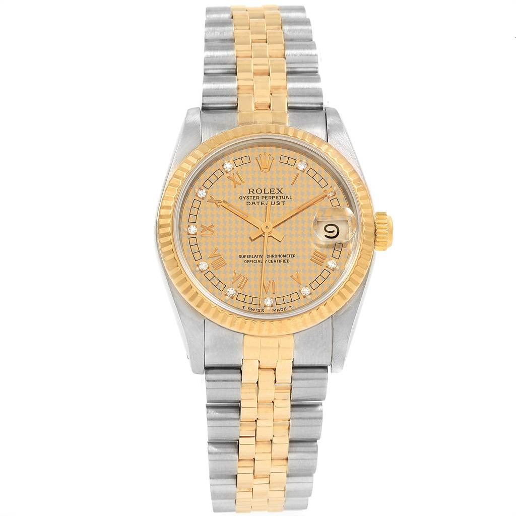 This image shows a front view of a Rolex Mid-Size 68273 Women's Steel and Gold (two tone) Champagne Dial 68273 Women's Steel and Gold (two tone) Champagne Dial Oyster Perpetual Datejust watch, including the dial, bezel, case, and bracelet.