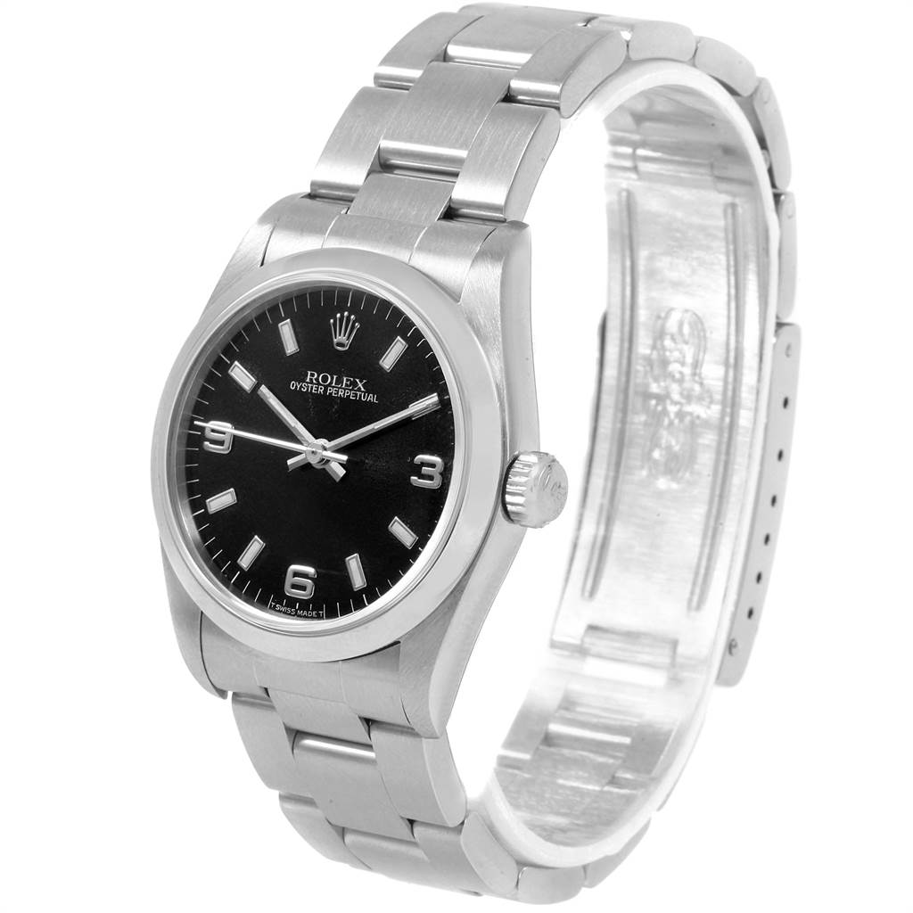 This image shows a side and front view of a Rolex Mid-Size 67480 Women's Stainless Steel Black Dial 67480 Women's Stainless Steel Black Dial Oyster Perpetual watch, displaying its face, bezel, and bracelet.
