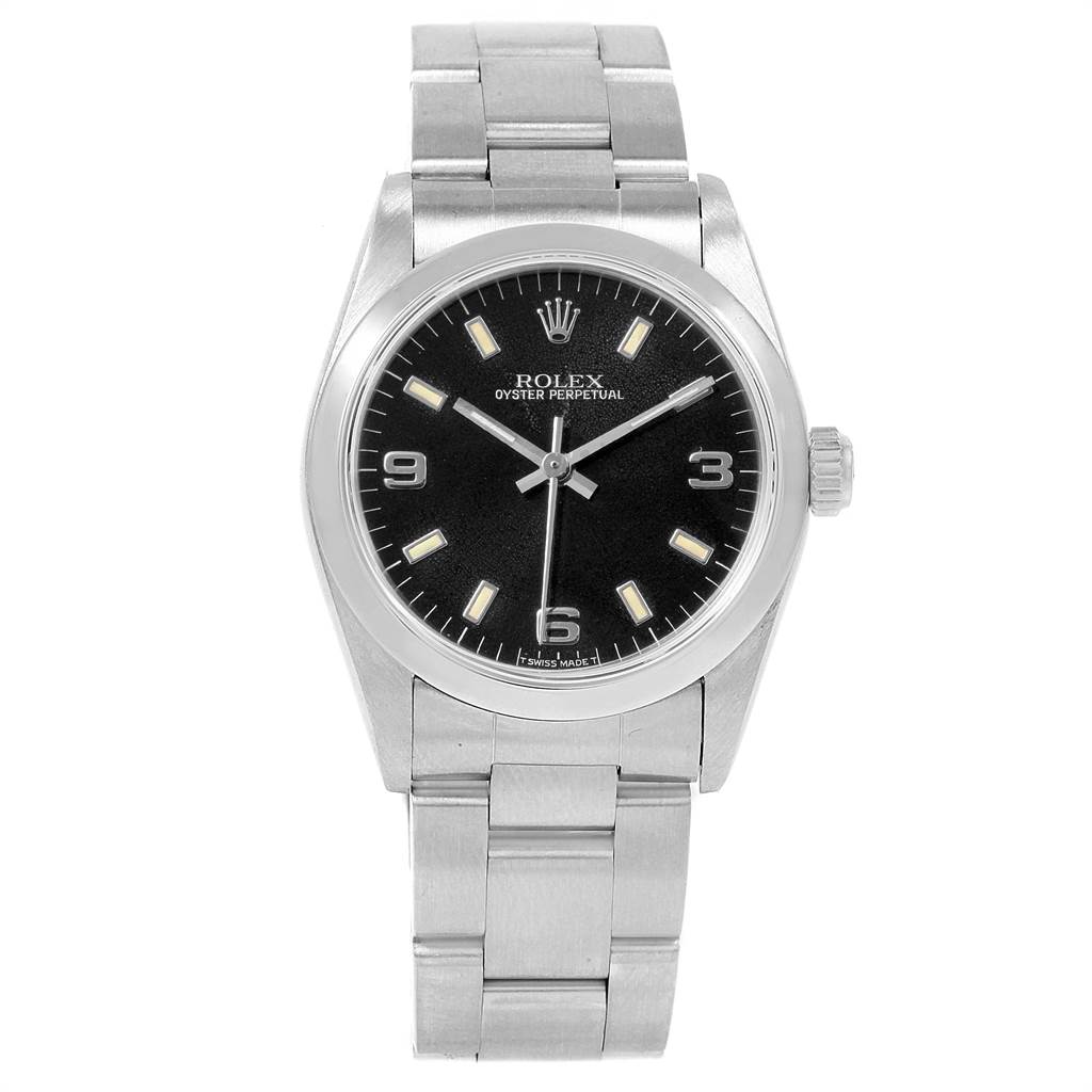 This image shows a front view of a Mid-Size Rolex Oyster Perpetual watch, displaying its dial, crown, and metal bracelet.
