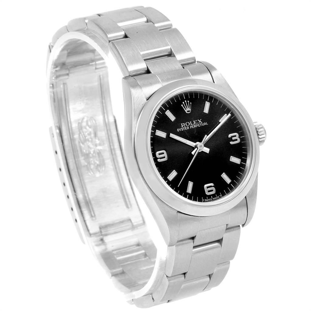 This image shows a Rolex Mid-Size 67480 Women's Stainless Steel Black Dial 67480 Women's Stainless Steel Black Dial Oyster Perpetual watch from an angled side view, displaying the bracelet, case, and dial.