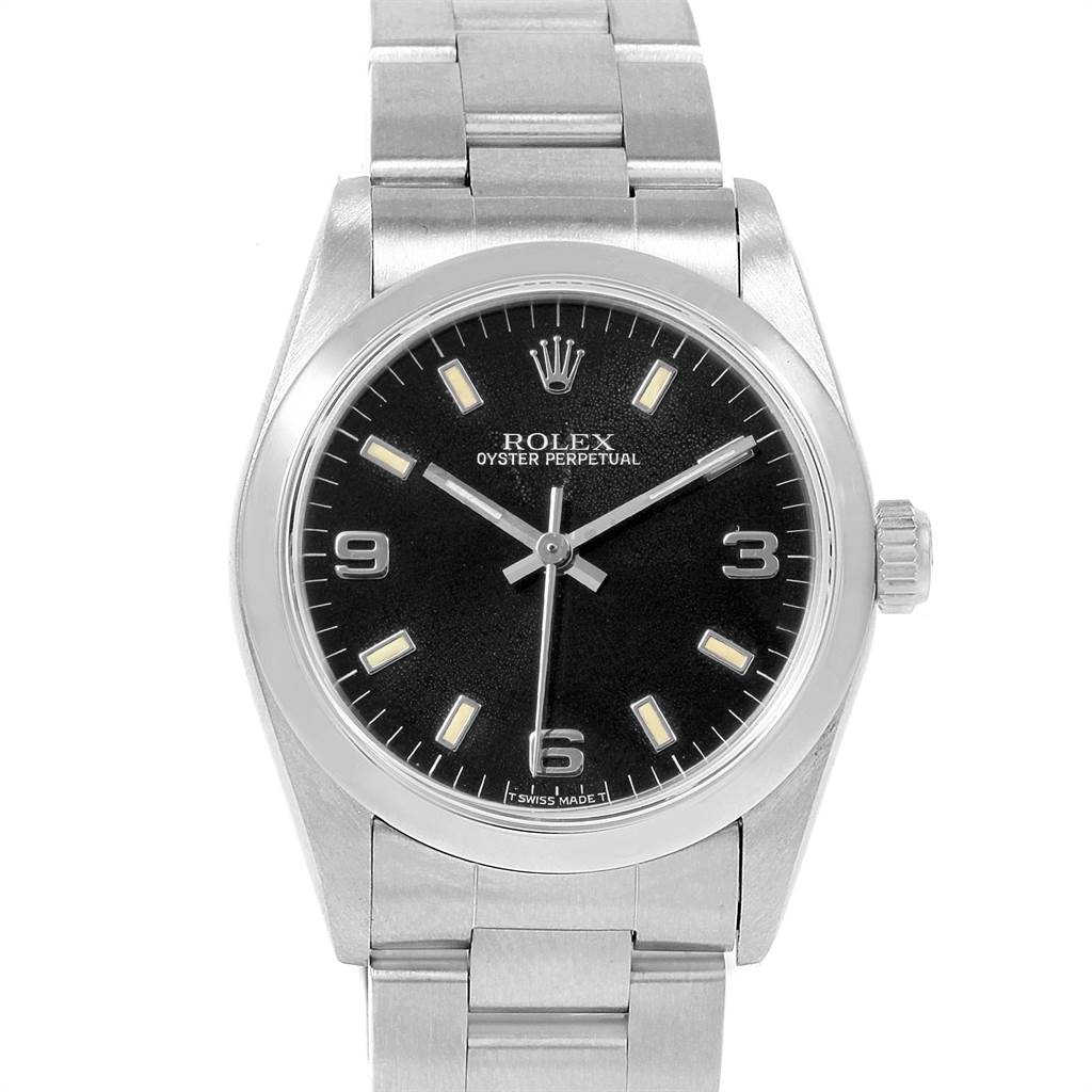 This is a front-facing view of the Rolex Mid-Size 67480 Women's Stainless Steel Black Dial 67480 Women's Stainless Steel Black Dial Oyster Perpetual, showing the dial, bezel, case, and bracelet.