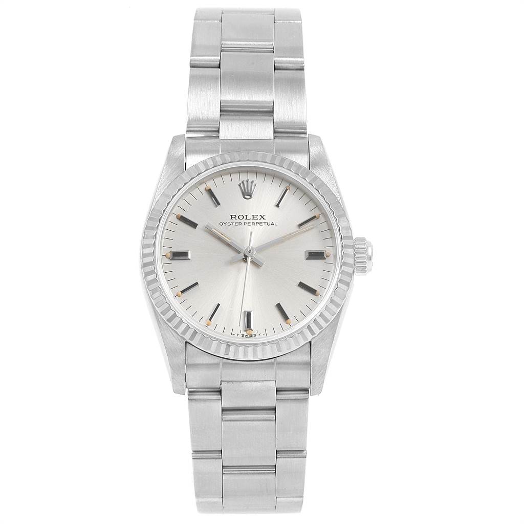 This image shows a front view of a Mid-Size Rolex Oyster Perpetual watch, including the bracelet and dial.
