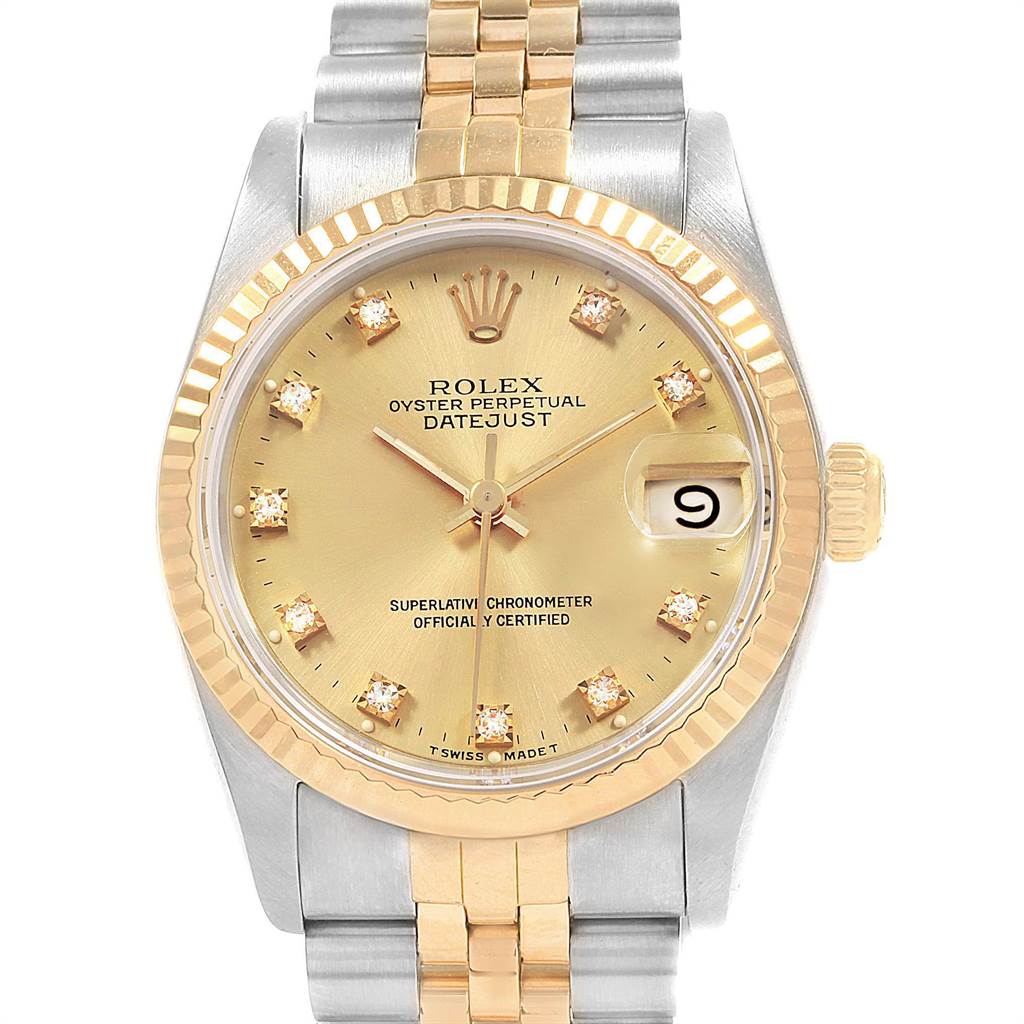The image shows a front view of the Rolex Mid-Size 68273 Women's Steel and Gold (two tone) Champagne Dial 68273 Women's Steel and Gold (two tone) Champagne Dial Oyster Perpetual Datejust, highlighting its dial, bezel, and part of the bracelet.