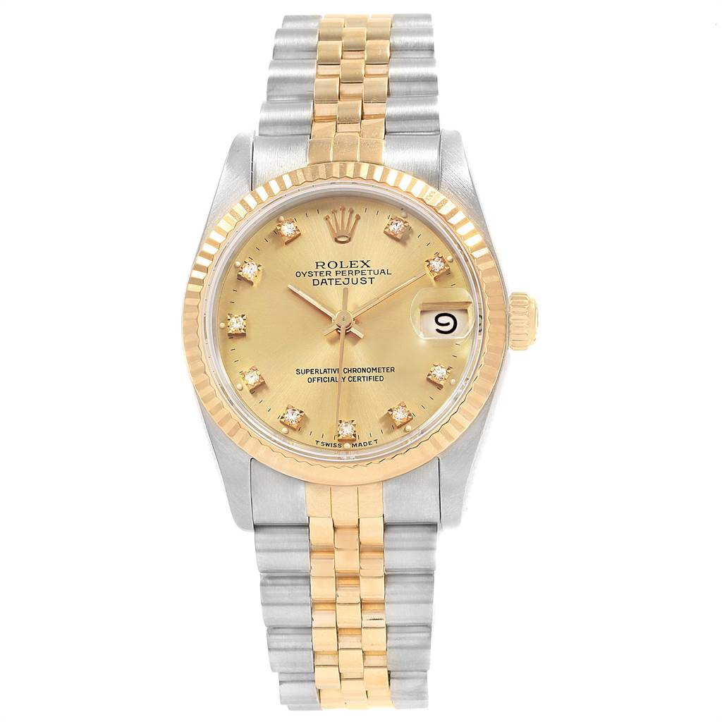 This image shows a frontal view of a Rolex Mid-Size 68273 Women's Steel and Gold (two tone) Champagne Dial 68273 Women's Steel and Gold (two tone) Champagne Dial Oyster Perpetual Datejust watch, highlighting its dial, bezel, and bracelet.