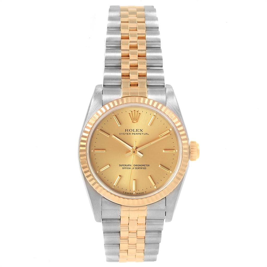 The image shows a front view of a Rolex Oyster Perpetual Mid-Size watch, highlighting its two-tone bracelet and gold dial.